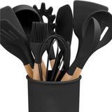 Jogo de Cozinha Kit C/12 Peças de Silicone Utensílios e Copo Suporte para Cozinha Cabo de Madeira