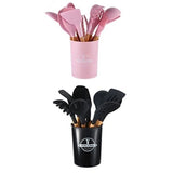 Jogo de Cozinha Kit C/12 Peças de Silicone Utensílios e Copo Suporte para Cozinha Cabo de Madeira