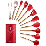 Jogo de Cozinha Kit C/12 Peças de Silicone Utensílios e Copo Suporte para Cozinha Cabo de Madeira