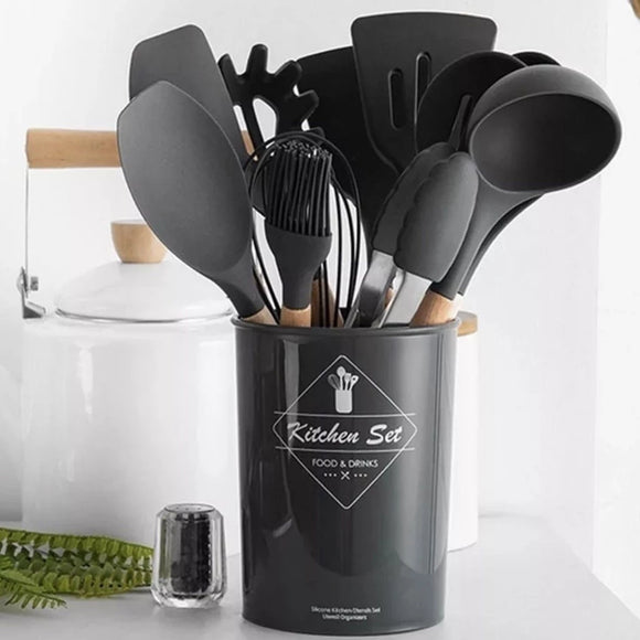 Jogo de Cozinha Kit C/12 Peças de Silicone Utensílios e Copo Suporte para Cozinha Cabo de Madeira