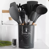 Jogo de Cozinha Kit C/12 Peças de Silicone Utensílios e Copo Suporte para Cozinha Cabo de Madeira