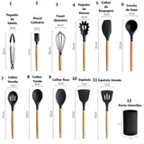 Jogo de Cozinha Kit C/12 Peças de Silicone Utensílios e Copo Suporte para Cozinha Cabo de Madeira